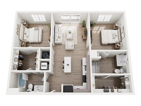 Floor plan for 2 beds, 2 baths, 1064 sqft